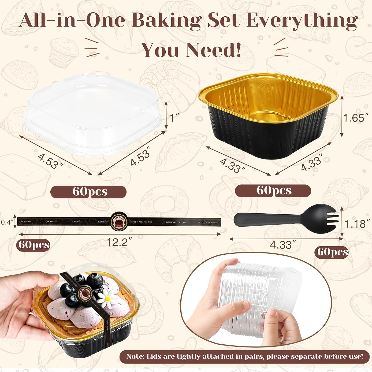 YQER Mini Loaf Pans with Lids for Baking Bread Disposable, 100Pcs 6.8oz Mini Cake Pans with Lids and Spoons Pink Sticker & 60Pcs 10oz Square Aluminum Pans Kit, Dessert Foil Baking Cupcake Cups image 2