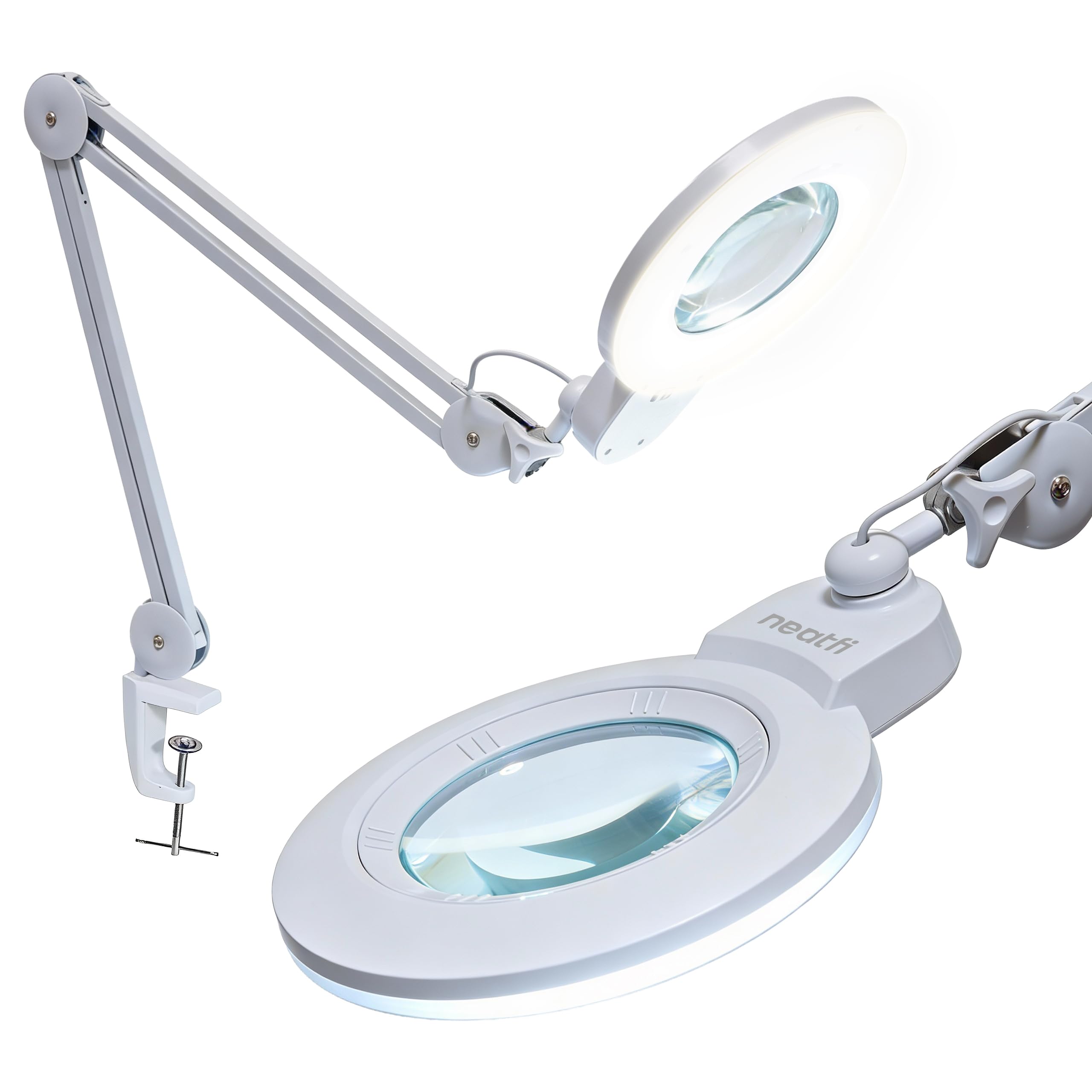 Neatfi XL Lámpara Lupa LED Bifocal con Abrazadera, Lente Acrílica de 18 cm, Doble Aumento 2,25X/6X, 1.600 Lúmenes Regulables | 3 Modos de Luz, Brazo Ajustable | Lectura, Manualidades (Lente de 18 cm)