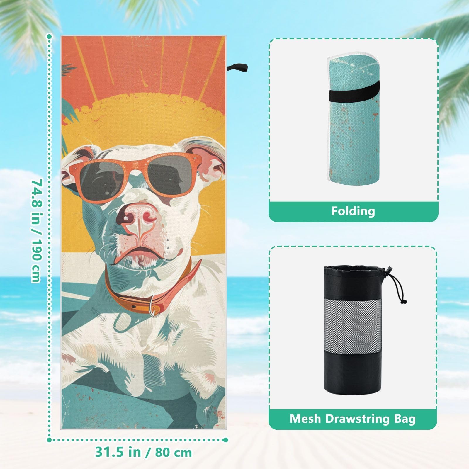 Toallas de playa grandes con bolsas de malla para adultos, toalla de baño para perros con cierre magnético, toalla absorbente de secado rápido para piscina, camping y viajes, 190 x 80 cm