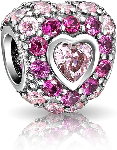 Abalorio de San Valentín personalizado con texto en inglés "Love", diseño de flor de cristal rosa, diseño retro, con forma de corazón, para mujeres