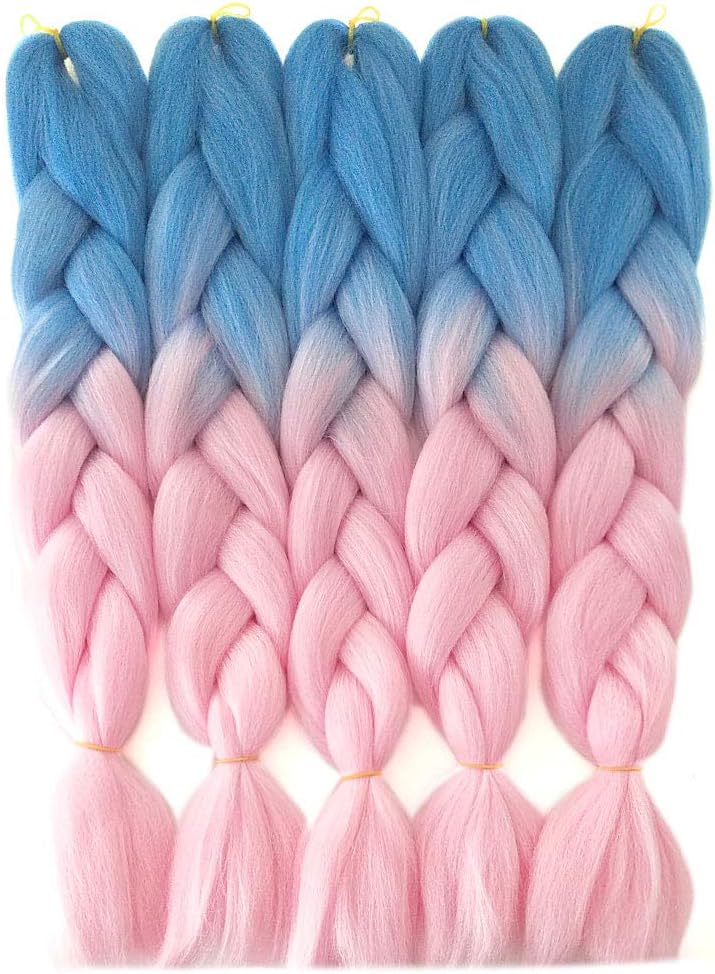Blue/Pink Ombre Braiding Hair 2 Tone Jumbo Hair 5pcs/Lot 24 Inch Synthetic Colored Braiding Hair Extension for Crochet Box Braids Twist Braiding Hair (C86,Light Blue/Light Pink)