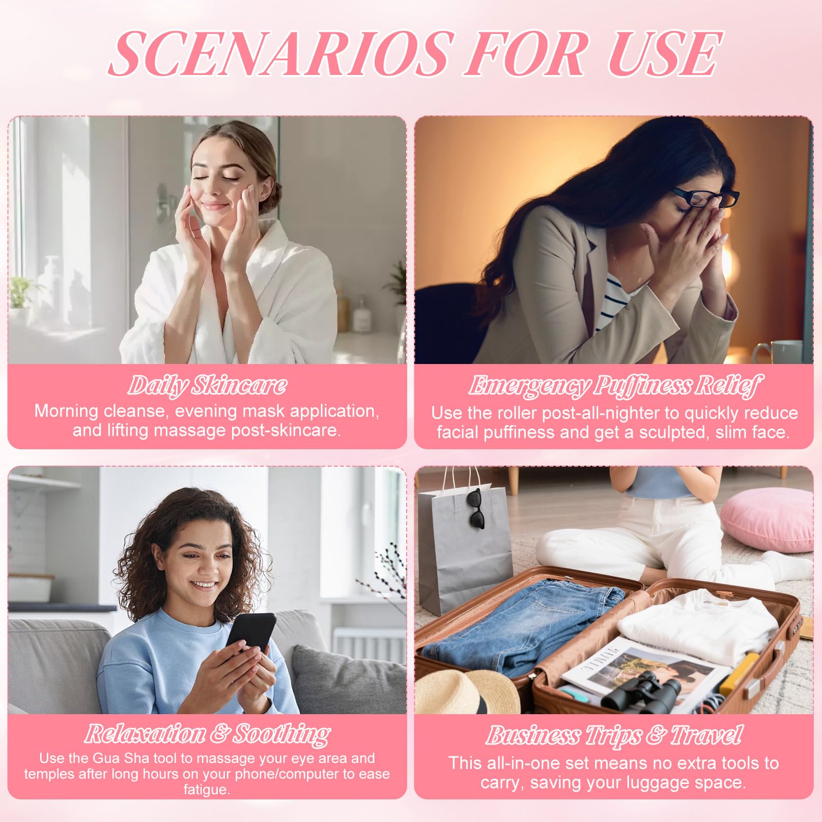 8 Piezas Kit de Masaje Gua Sha para Mujer, Gua Sha Cuarzo Rosa, Rodillo de Masaje, Cepillo Facial de Contorno, Diadema, Bolsa de Maquillaje, Regalos Guasha Facial Jade para Familia, Amigos