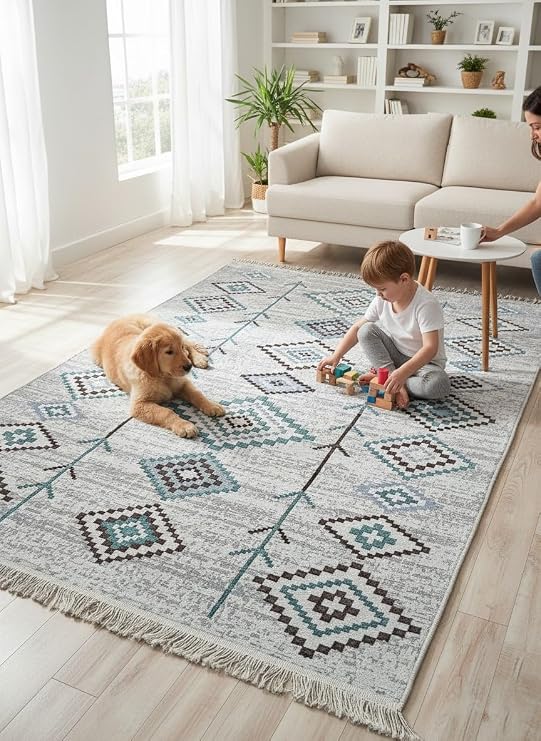 Rug Double Sided Usable Machine Washable woven Rug Light Green-Cream (80*150cm)