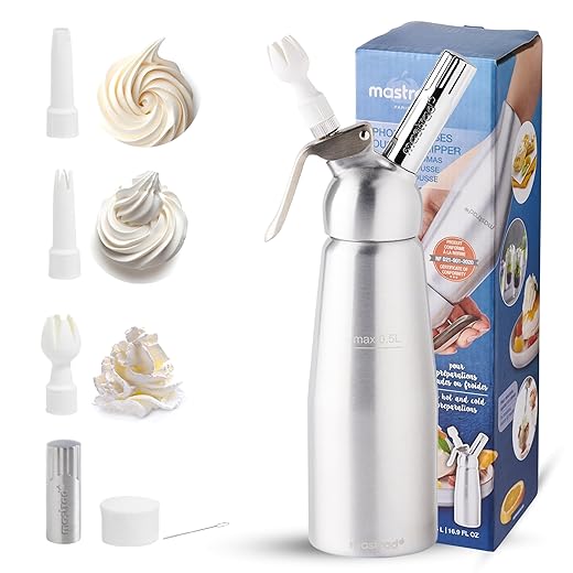 Mastrad - 0.5L Anodized Aluminium Siphon - Foam, Chantilly, Sauces, Espumas - Removable Stainless Steel Plunger - 3 Decorative Nozzles & Cleaning Brush Included, Steel