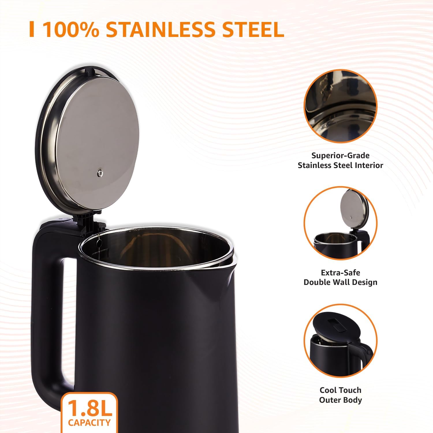 amazon basics 1.5 Liter Cool Touch Electric Kettle| 1350 Watt|Stainless Steel Body|Auto Cut-Off|Triple Safety Protection(Black)