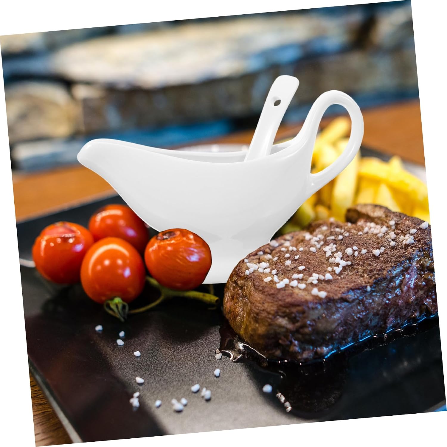 White Ceramic Gravy Boat with Deep Spoon 175ml Spill Proof Xmas