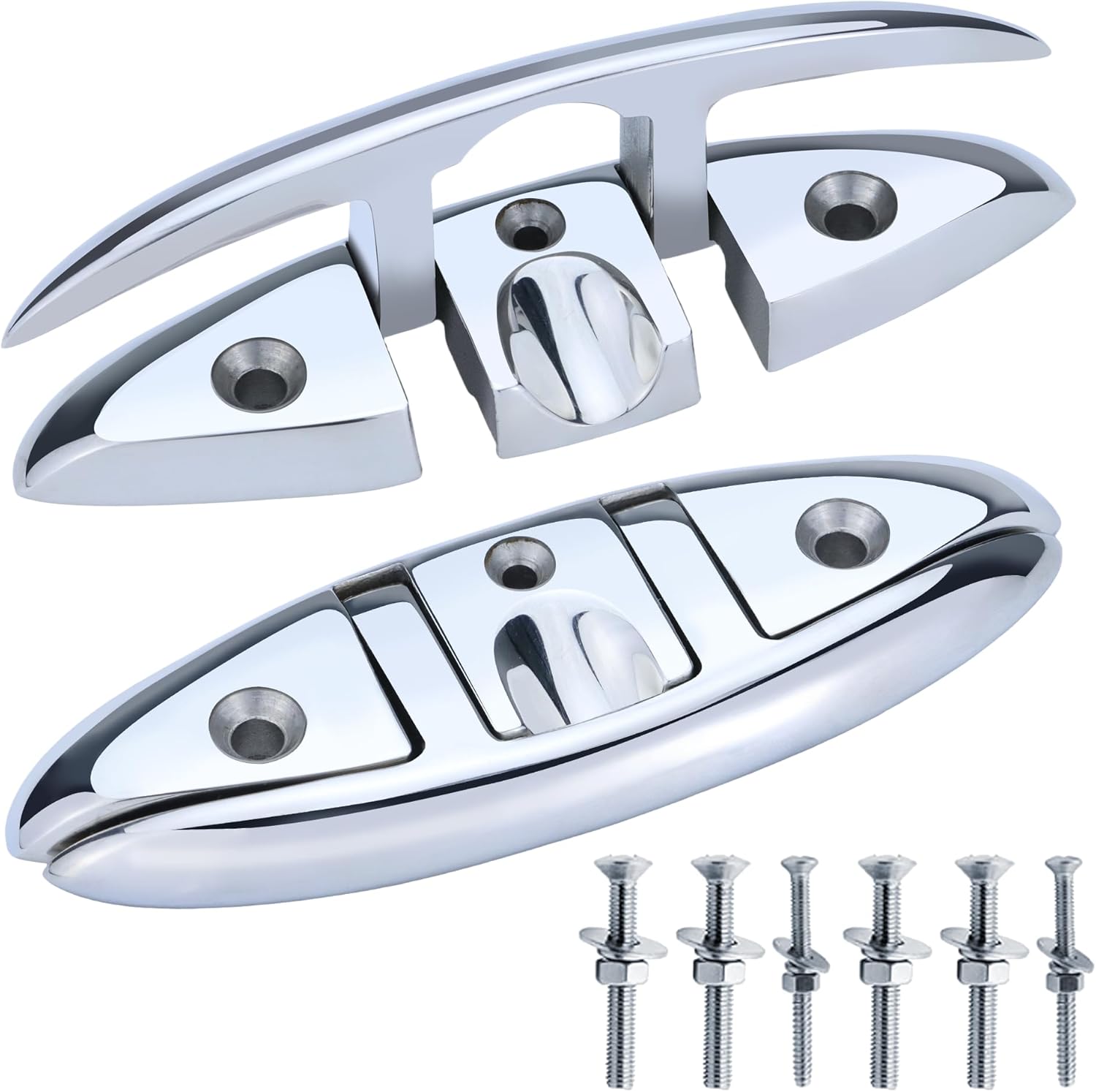 Folding Boat Cleats 316 Stainless Steel - 5"/6" Marine Grade Flip-Up Dock Cleats with Backing Plates & Fasteners - Compatible with Yacht, Kayak, Pontoon - 2/4 Pack