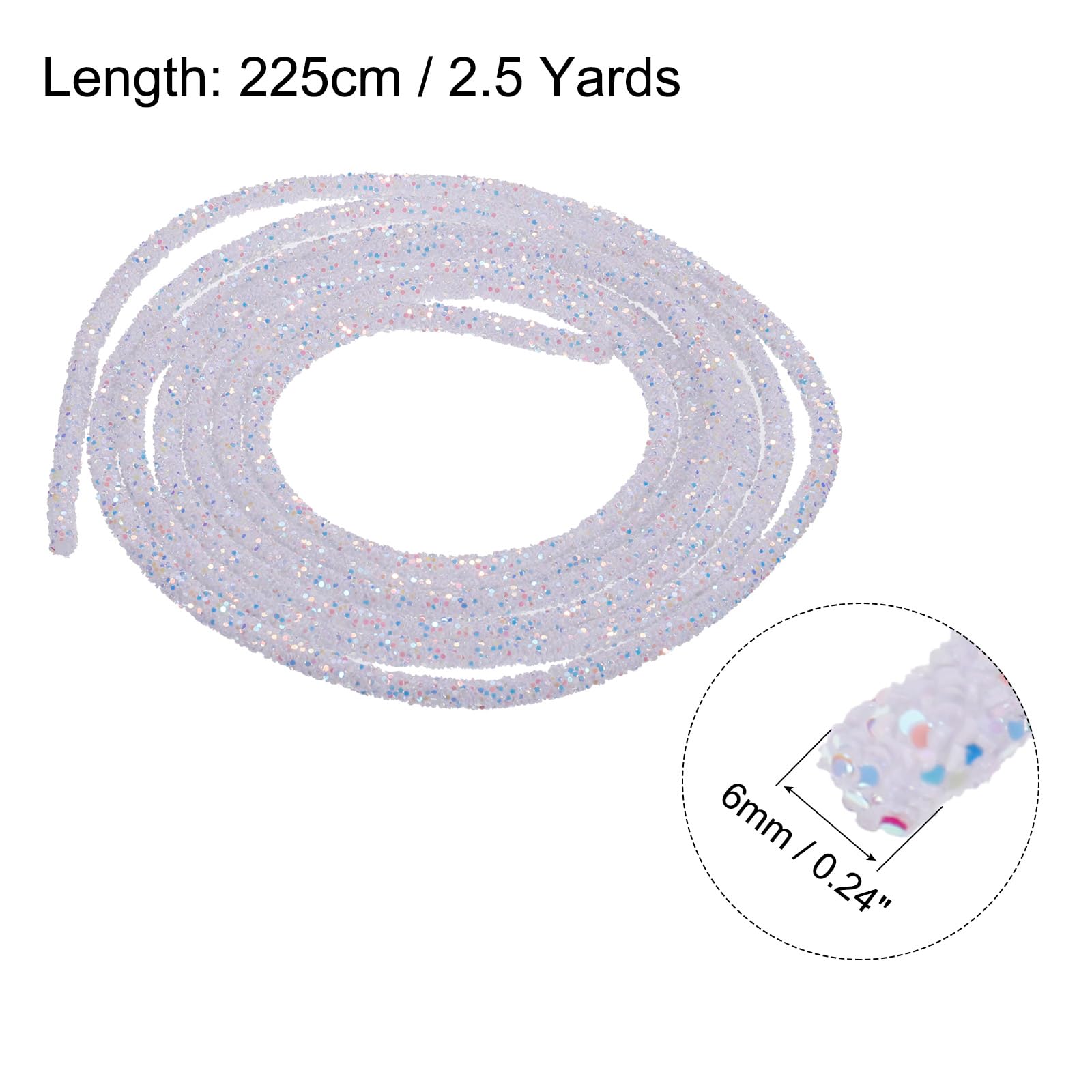sourcing map 5 Yard 6mm 0.24 inch Glitter Sequins Rope Sequins Rhinestone Tube Cord for DIY Wedding Dresses Costume Clothing Shoes Jewelry Accessory Clear White — view 233