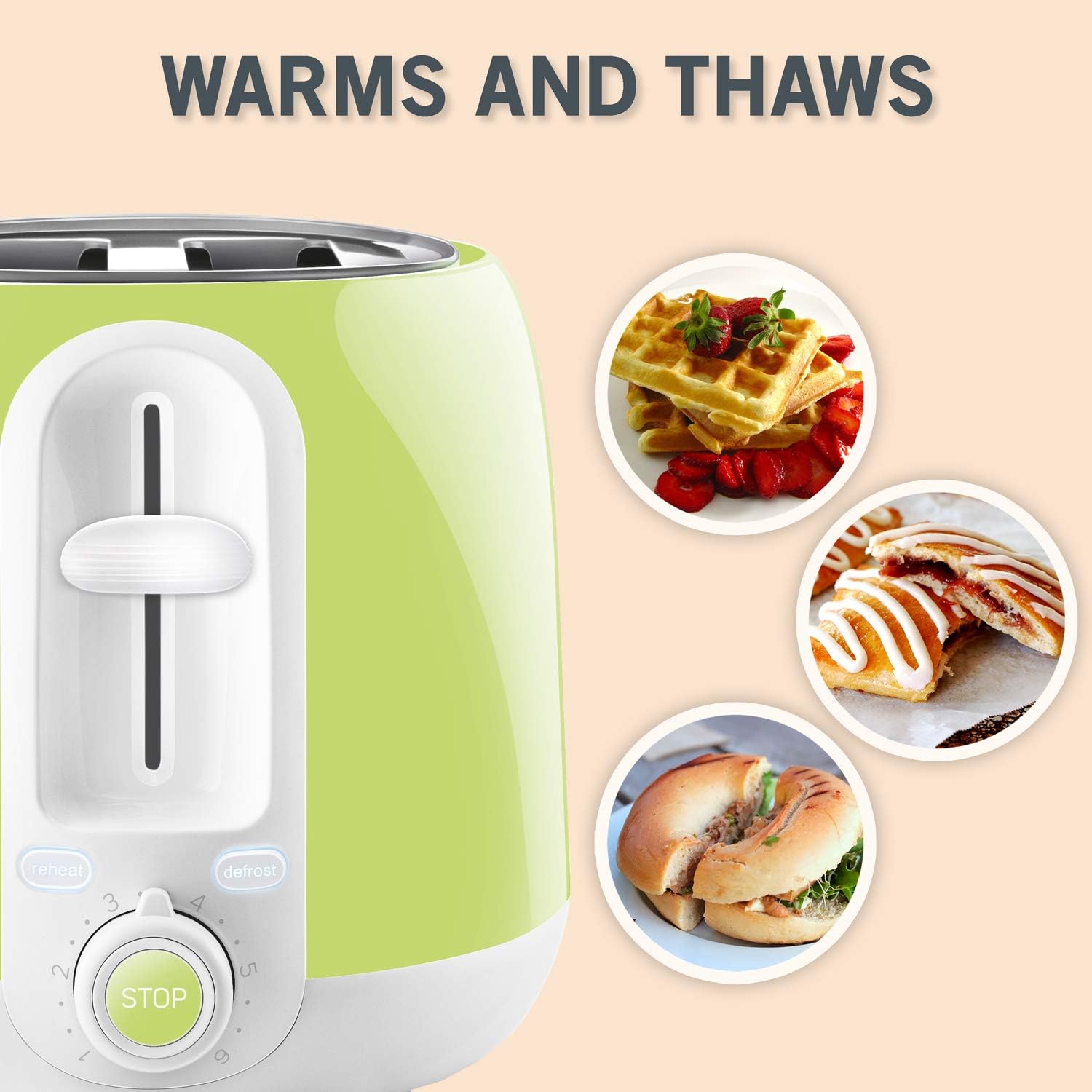 Close-up of Sencor toaster controls with text 'WARMS AND THAWS' and images of waffles, pastries, and a bagel.