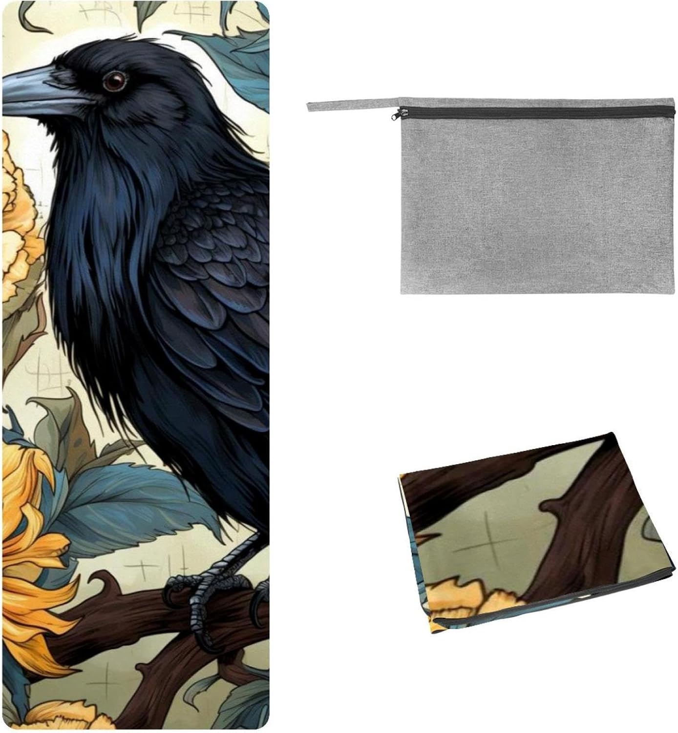 Yoga Towel, Black Crow Pattern Non Slip Sweat Absorbent Hot Yoga Mat Towel for Hot Yoga, Pilates and Fitness - 72.8" x 26.8"