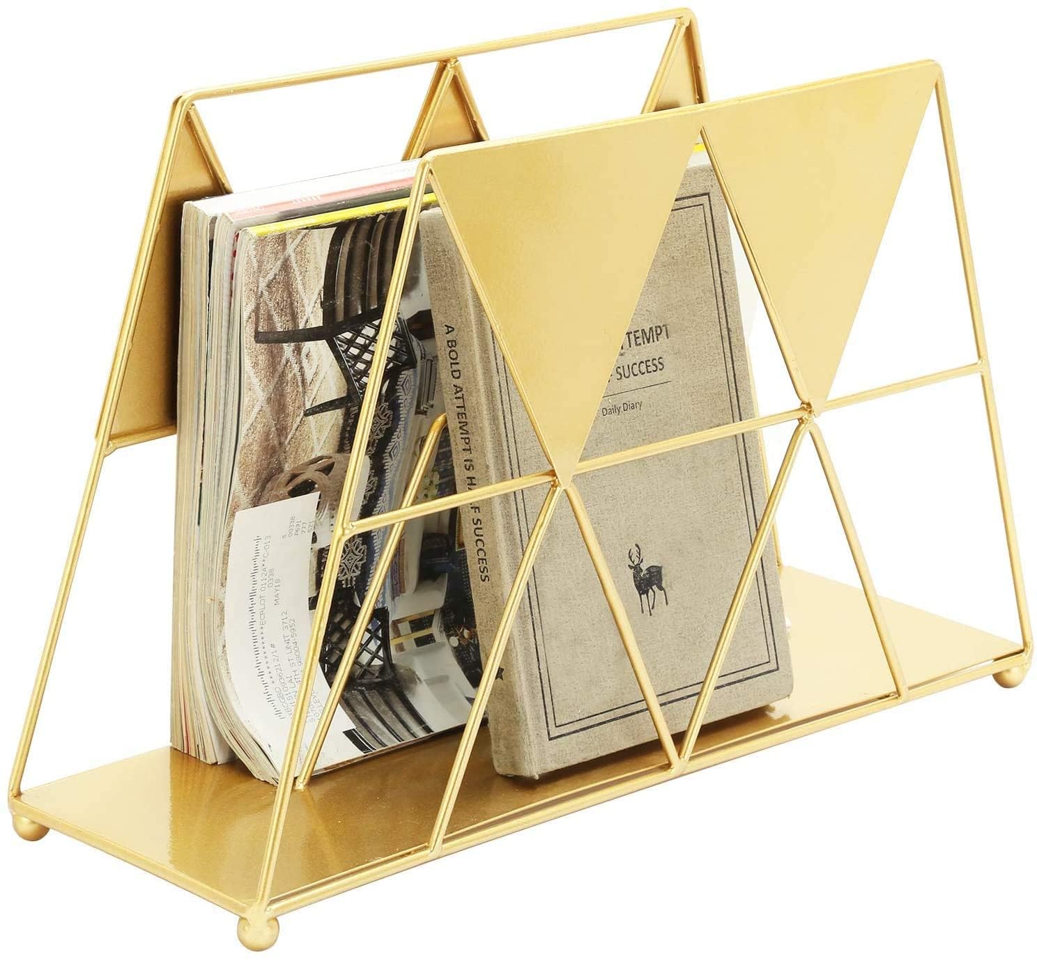 OGFC 38311 Modern Geometric Gold-Tone Metal Desktop Magazine Holder Rack / Newspaper rack / Living room storage organizer / Magazine organizer - Golden-image-16