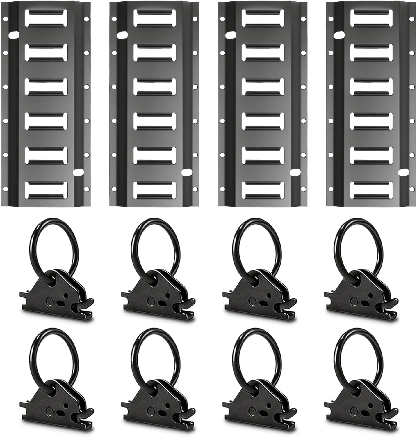 E Track Tie-Down Rail Kit, Heavy Duty Steel 1FT E Tracks Rail Set, Includes 4 black Steel Rails & 8 O-Rings E-Track Accessories for Cargo Securement in Trailers Flatbeds Vans Warehouses, 4 Pack