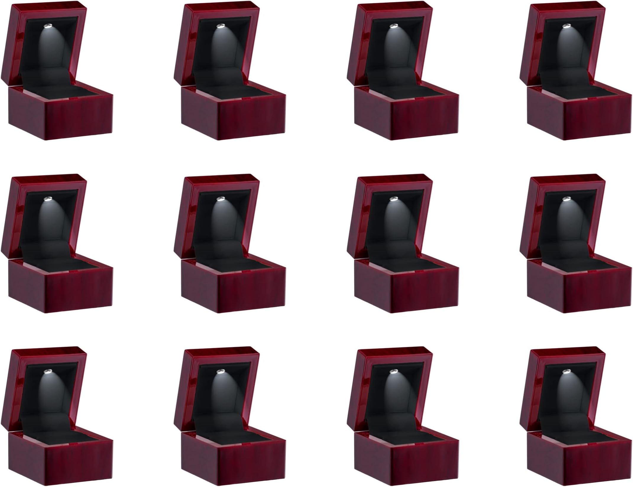 Allure - Bulk Case Of 12 - Luxury Ring Boxes With LED Light, Square Shaped Elegant Diamond Ring Case, For Unique Proposal, Small, Mahogany Wood With Black Leatherette Insert Jewelry Display Gift Box.