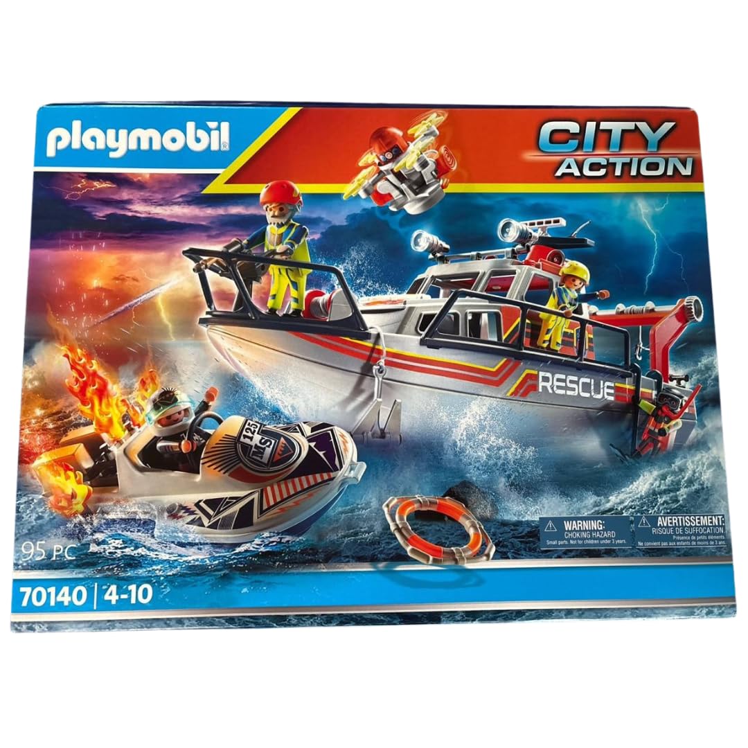 PLAYMOBIL City Action 70140 Rescate marítimo: Operativo de extinción de Incendios con Barco de Rescate, Juguetes para niños a partir de 4 años