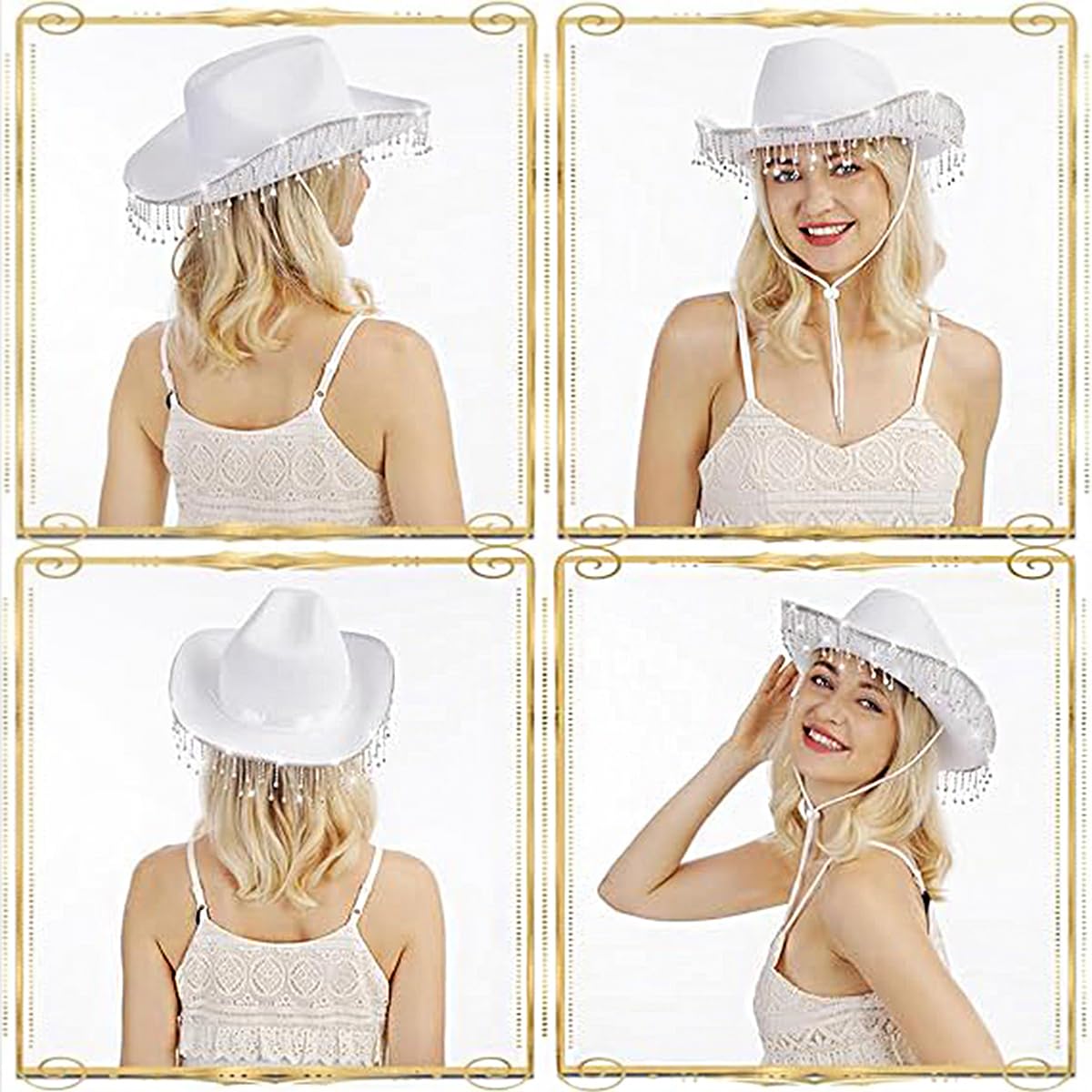 Chapeau de cowgirl pour enterrement de vie de jeune fille, chapeau de cowboy blanc à strass pour femme, cadeau de future mariée, décoration de fête prénuptiale
