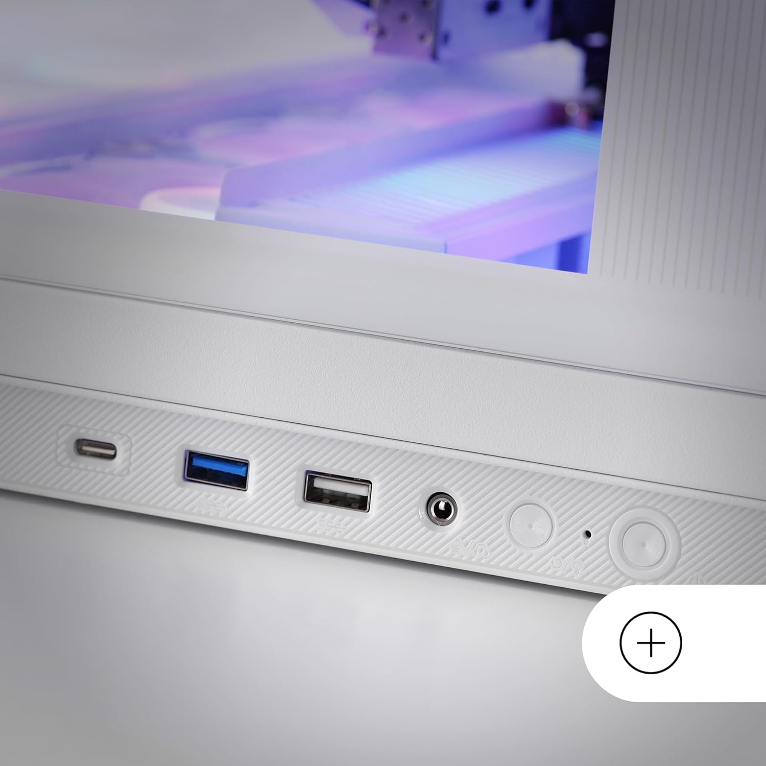 Close-up of the Mars Gaming MC-REV PC case's front I/O panel with USB-C, USB 3.0, USB 2.0, and audio jacks.