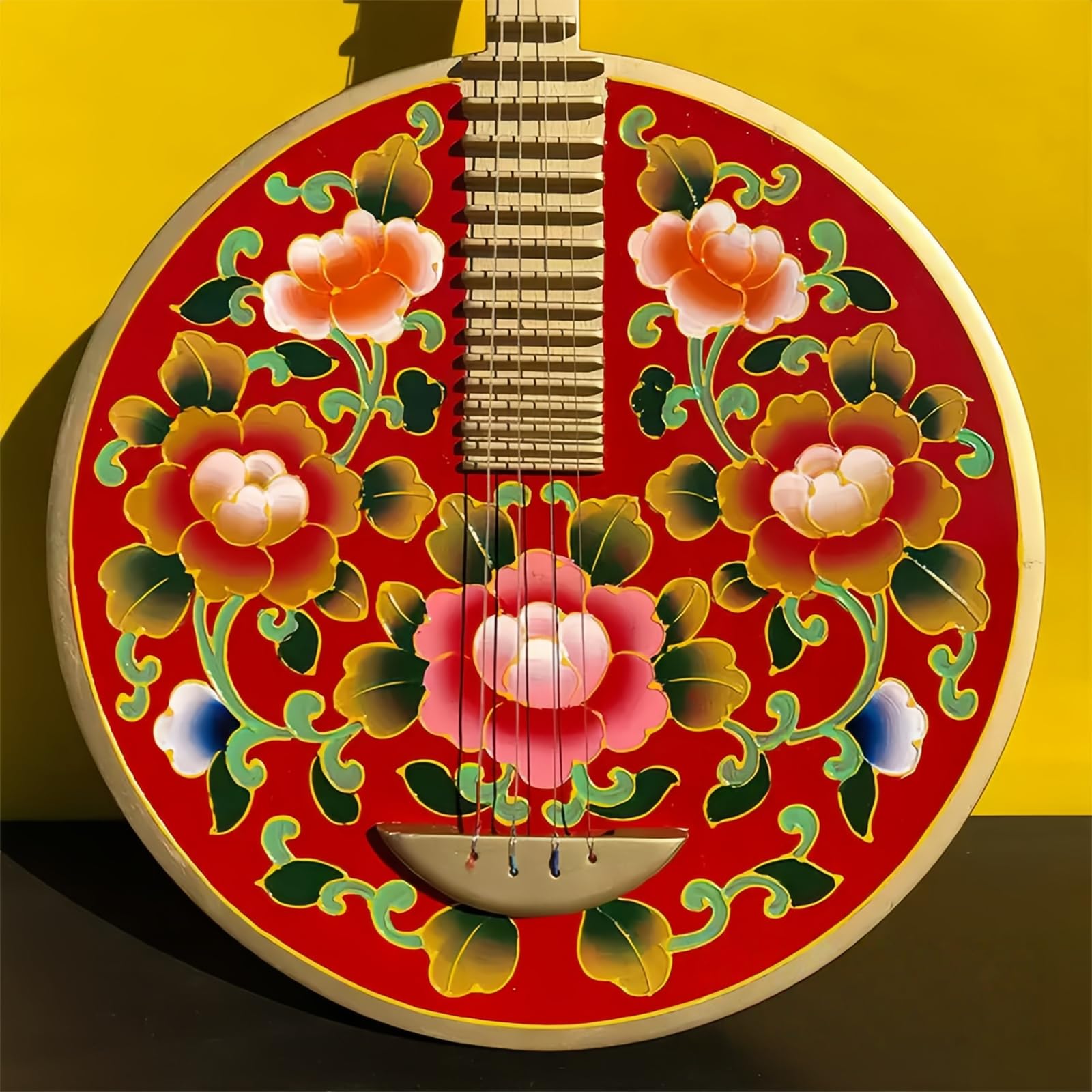 Liuto Cinese a Forma Di Luna, Liuto Tradizionale a 4 Corde, Chitarra Forma Di Luna Dipinta Con Motivi Floreali, Strumento Musicale Classico per Performance Professionali, Principianti Collezionist