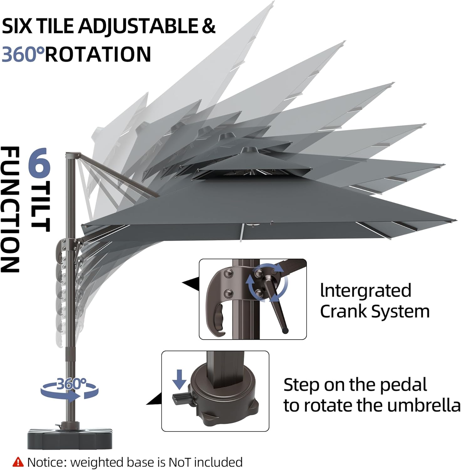 10x13FT Cantilever Outdoor Patio Umbrellas, Double Top Large Rectangle Umbrella, Heavy Duty 360° Rotation Offset Outdoor Sun Shade Umbrella for Garden Deck Pool Backyard Patio, Grey - Image 4
