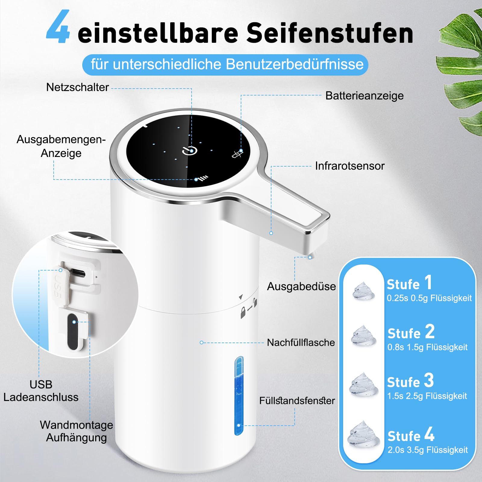 Seifenspender Automatisch,Wandbefestigung Berührungslos 400ml Elektrischer Seifenspender mit Sensor,USB Wiederaufladbar 1800-mAh-Akku für Bad,Küche,Büro (Flüssigkeit,Weiß)
