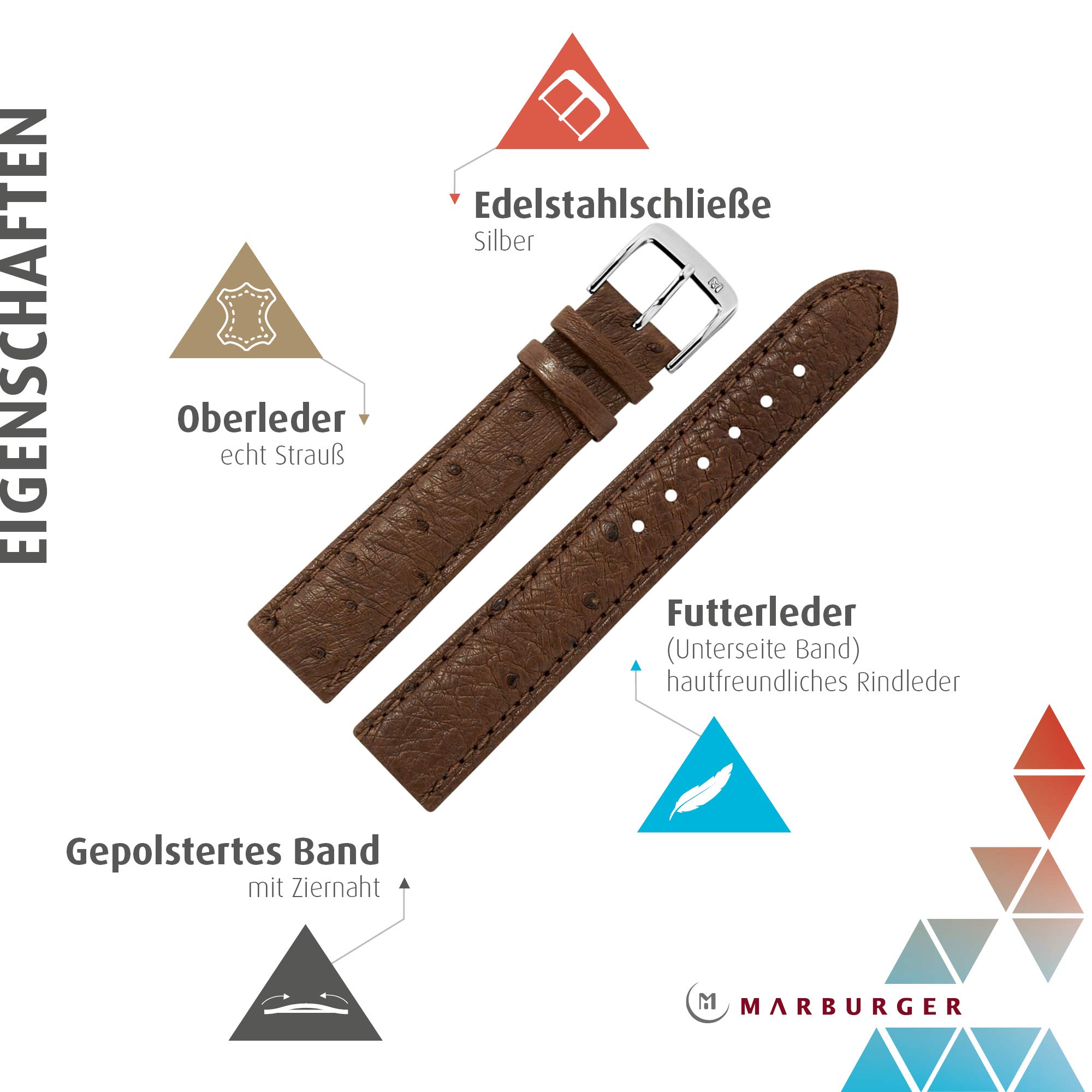 MARBURGER Uhrenarmband 20mm Leder Strauß - Werkzeug Montage Set 81020