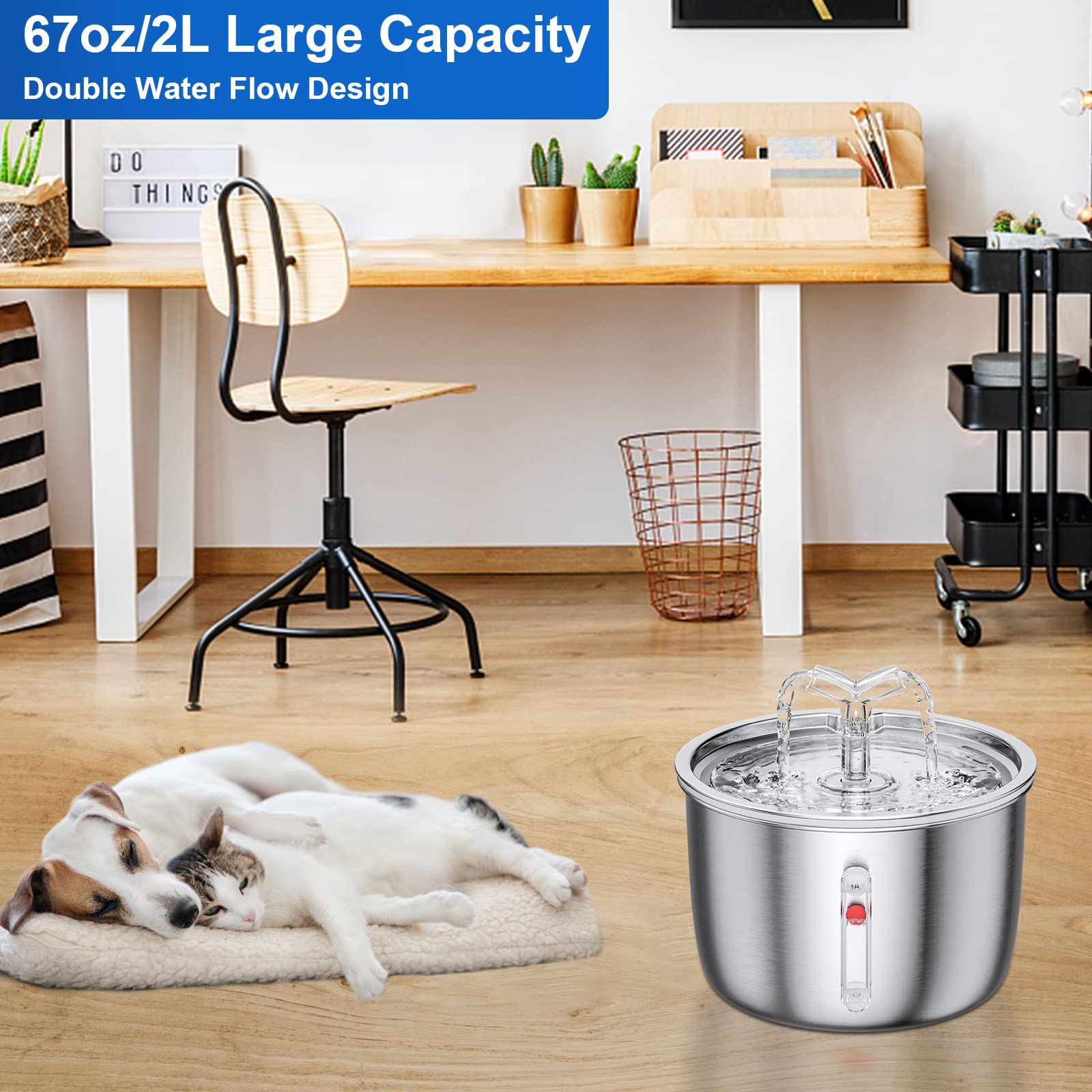 Cat Water Fountain Stainless Steel, 67oz/2L Pet Water Fountain Ultra Quiet Pump Cat Automatic Water Dispenser 3 Flow Modes for Inside Cats Small Dogs Puppies Multiple Pets Watering Supplies - image 2