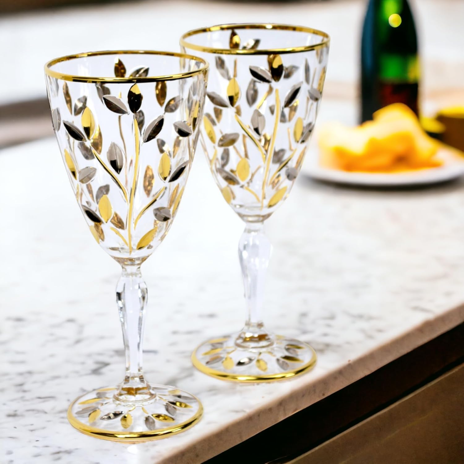 Crystal Italian Red Wine Glasses, Platinum/Gold Color, Set of 2, Flowervine, 8 oz Glasses, Modern, Perfect for Cocktails or White Wine, Made In Italy