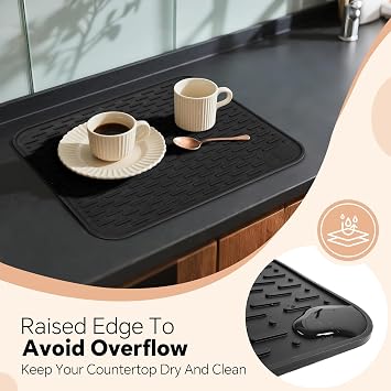 Super Kitchen Large Silicone Draining Board Mat Dish Drying Mat Trivets | with Silicon Sponge, Cutlery Drainer Mat, Countertop Mat Heat Resistant Trivet, Sink Organizer Caddy Tray (Black, 45x40cm)