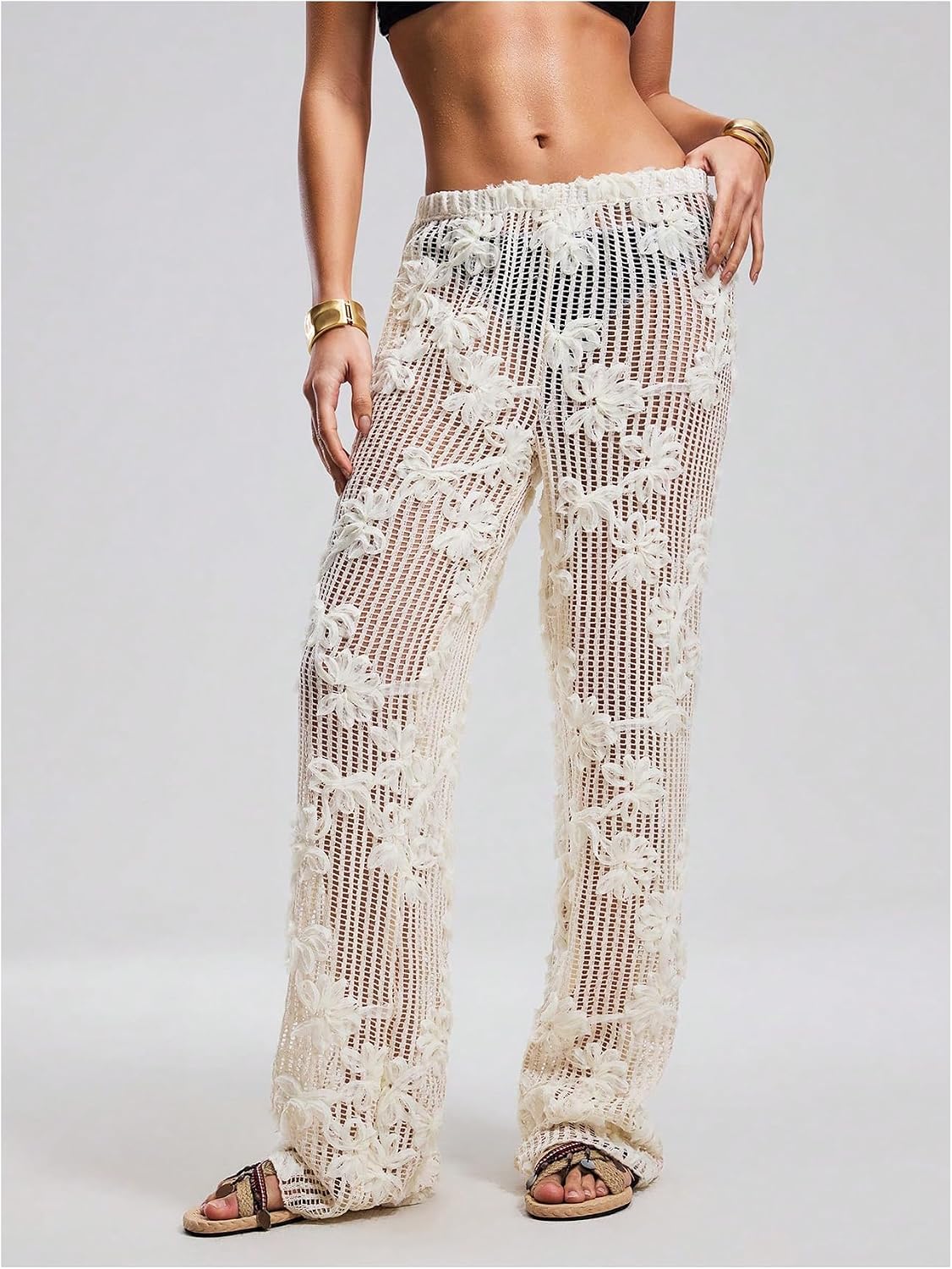GORGLITTER Women's Flower Crochet Swimsuit Coverup Pants Summer Beach Vacation Low Waisted Knit Swim Cover Up Pants