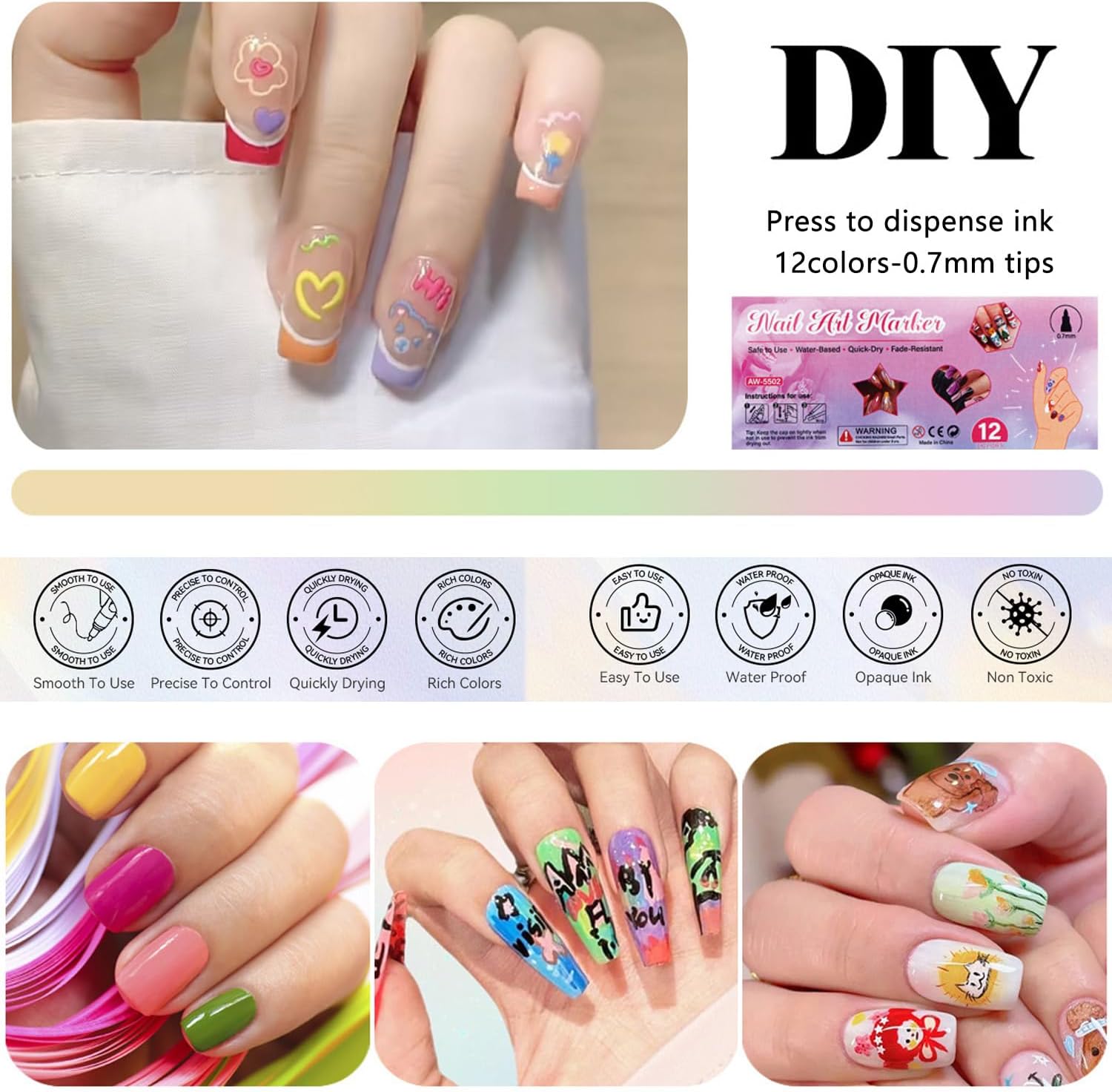 12 Colors Nail Art Pens Set - 0.7MM 3D Nail Polish Pens Acrylic Paint Pens Acrylic Nail Markers for Nail Art Drawing Painting Nail Point Dotting Tool Liner Pen Manicure Tools Design Kit for Home Salon