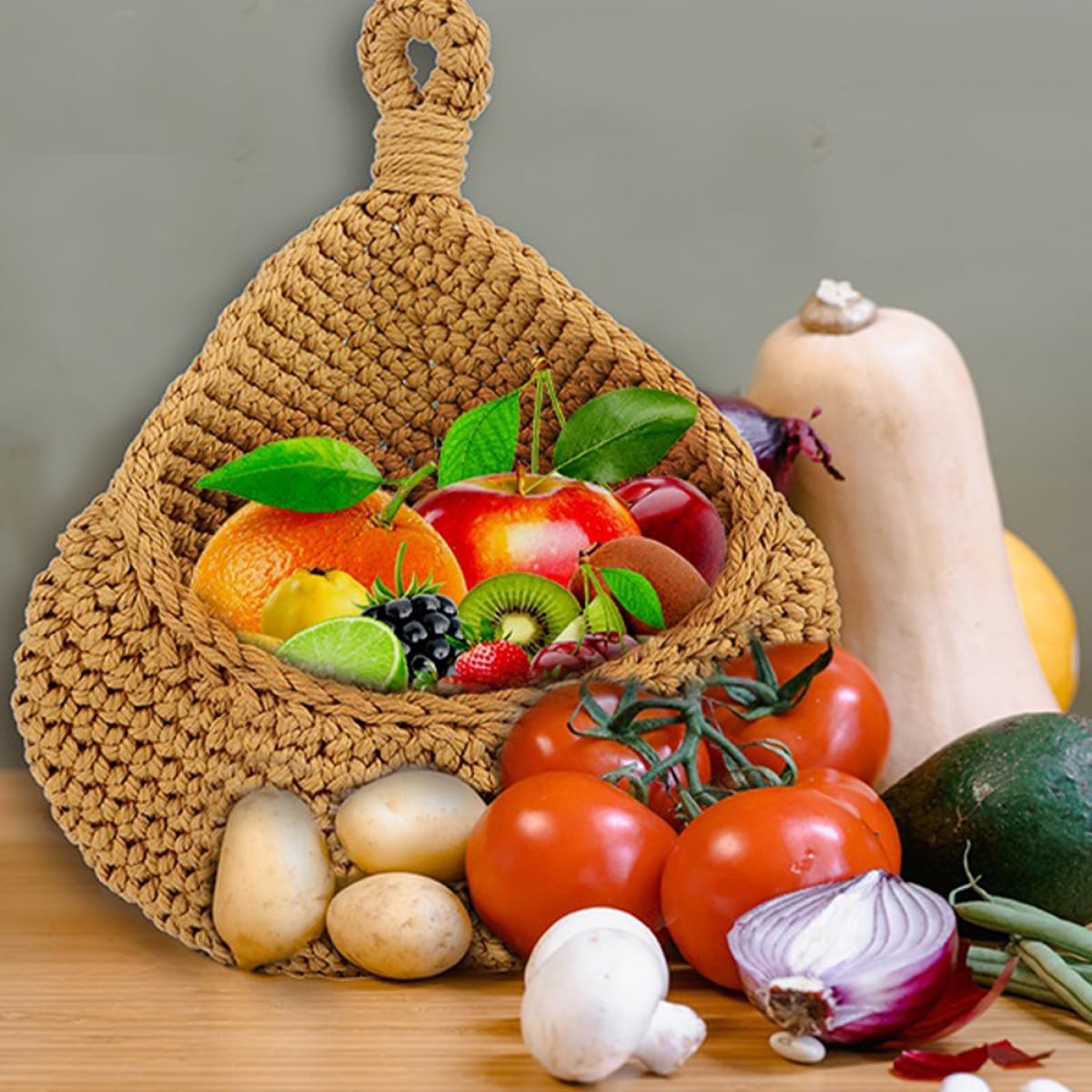 Woven Hanging Fruit Basket Teardrop Shape 38x30cm Flax Fiber Kitchen Storage Organizer Multi-function Decorative Basket for Home and Kitchen Use