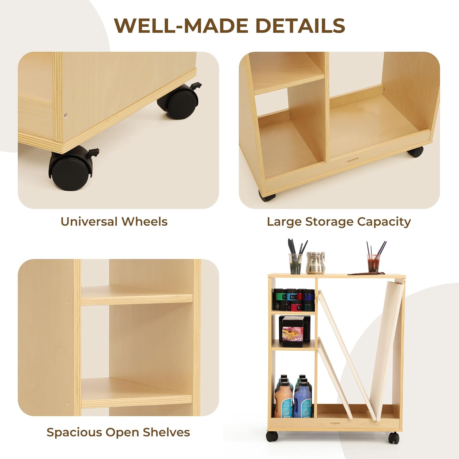 VISWIN Art Cart Organizer, Solid Pine Wood Art Supply Storage Organizer with Caster Wheels, 3-Tier Multifunctional Rolling Utility Storage Cart for Studio, Classroom, Artists - Natural