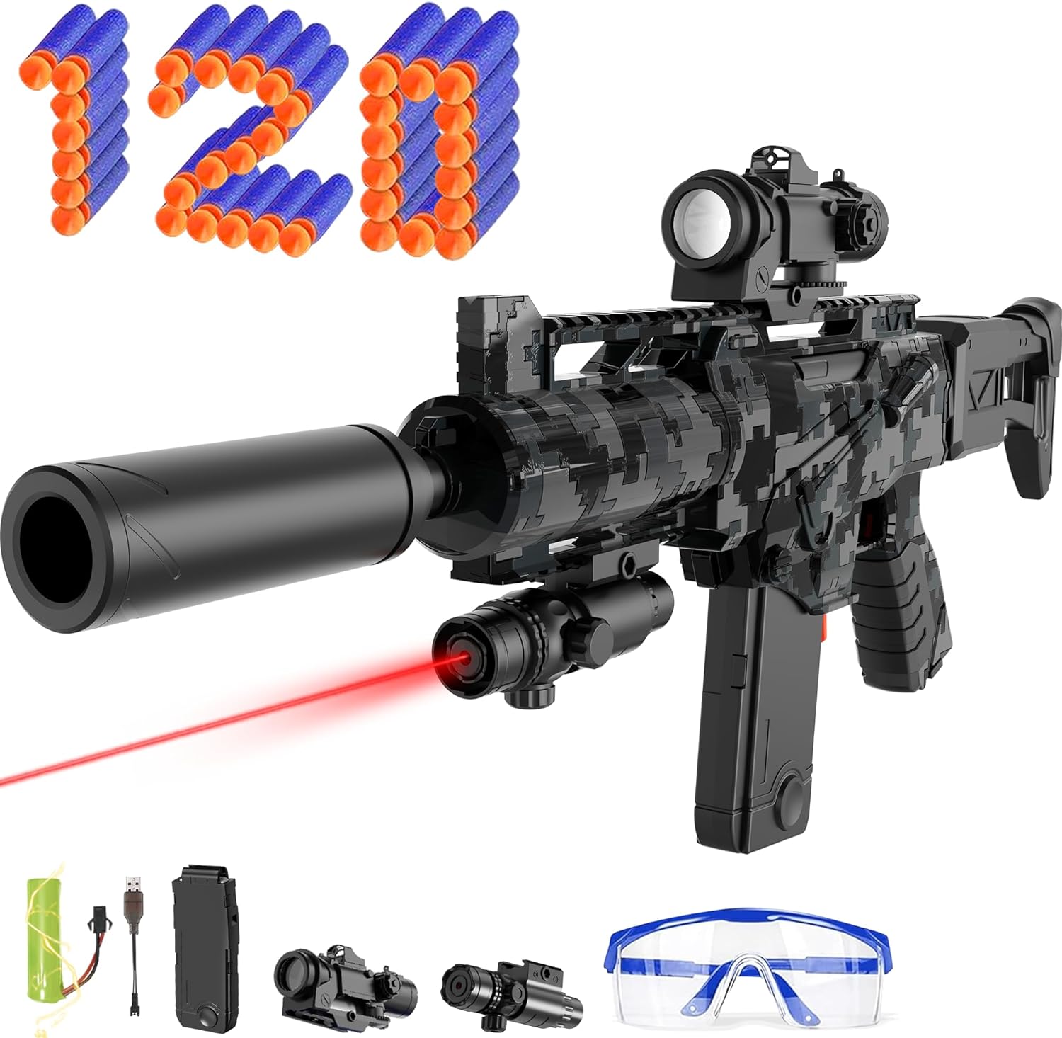Automatic Toy Foam Blaster Sniper with Scope, Electric Toy Dart Blaster with 120 Foam Darts, Goggles, Air Pocket Technology Outdoor Shooting Game Kids Toys for Ages 8-12 Boys Girls