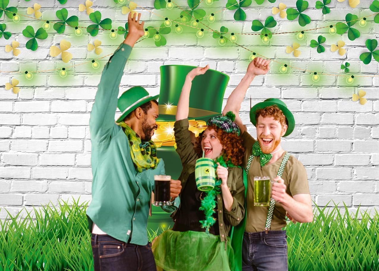 Happy St. Patrick's Day Backdrop White Brick Wall St Patrick's Photography Background St Patrick's Day Children Party Decorations(8x6FT)