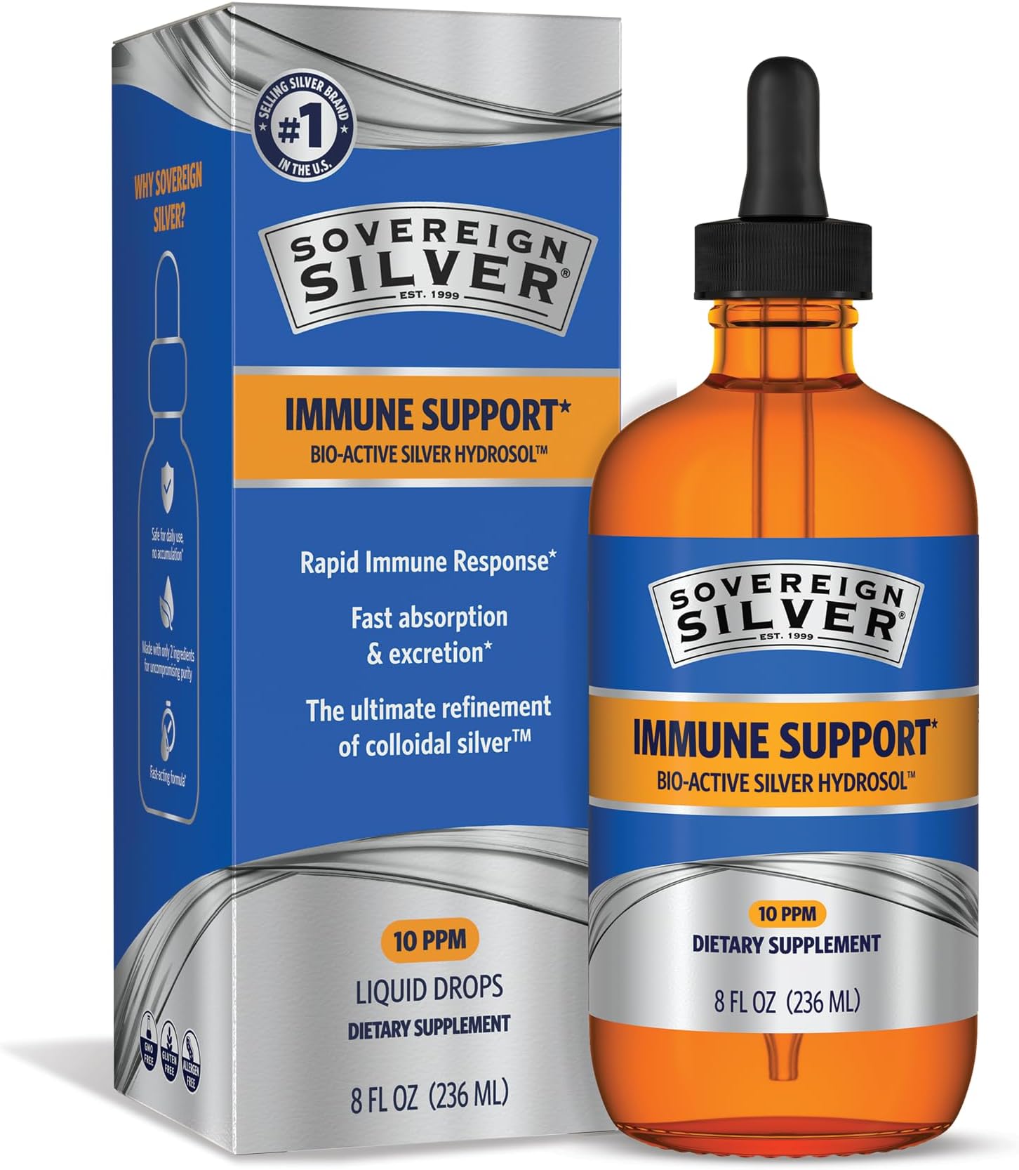 Sovereign Silver Immune Support - Colloidal Silver, Bio-Active Silver Hydrosol, 10 ppm, Liquid Dropper, 8 Fl Oz, (236 mL)