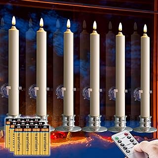 6 Pack LED Windows Candles with 12 AA Batteries(Include,Run More Than 400 Hours) + 6 Silver Removable Candlesticks + 6 Suction Cup,10'' Ivory Flameless Battery Taper Window Candle Light with Remote