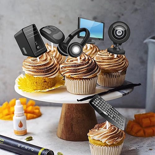 Miniatura 7 de 18 piezas de decoración de magdalena de postre con purpurina negra, decoración de temática de computadora, suministros de decoración de cumpleaños