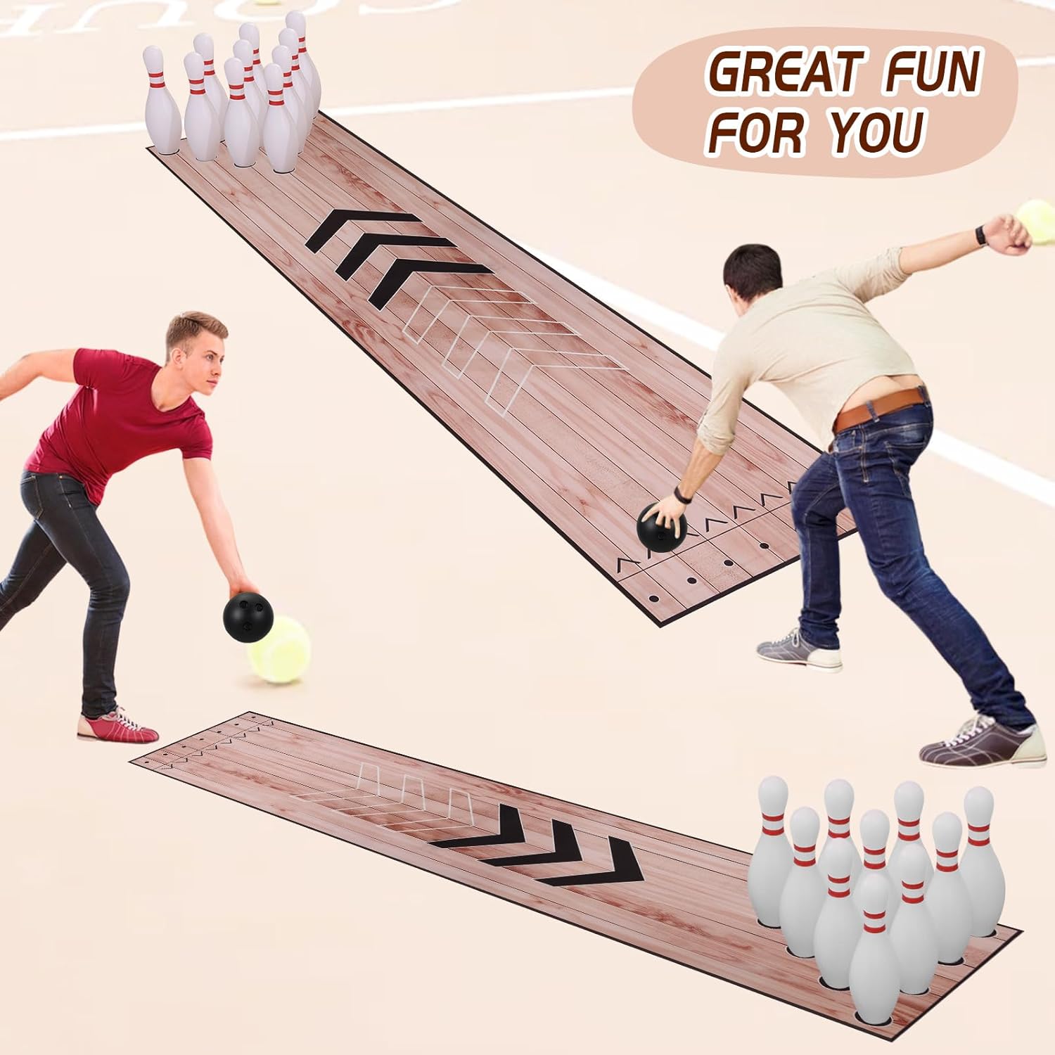 Mini Bowling Set, Indoor & Outdoor Home Bowling Set, Bowling Alley Set with Thicken Lane, Bowling Pins Ball Set, Full Bowling Alley Set for Family & Friends, Diatomite & Rubber Material Lane (Upgrade)