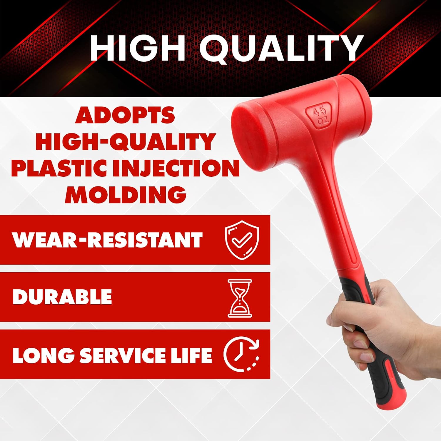 YIYITOOLS Dead Blow Hammer-45oz(3LB), Red and Black, Shockproof Design, No ReboundMallet Machinist Tools Unibody Molded Checkered Grip Spark and Rebound Resistant (YY-3-011)