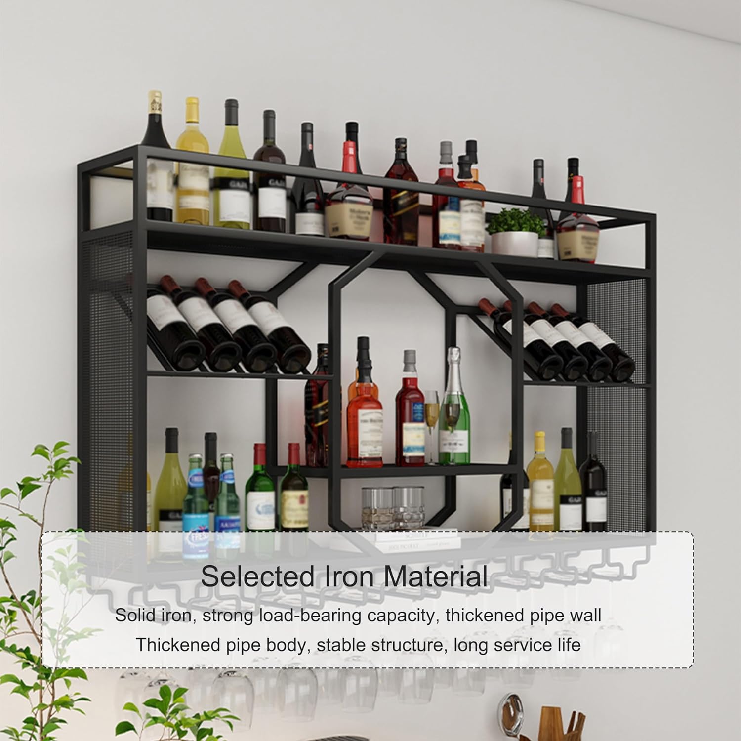 Wall Mounted Wine Rack Floating Bar Shelves Liquor Shelf with Hanging Wine Glass Holder for Liquor Bottles Whiskey Display Shelf for Home Bar Dining Room Kitchen(Black,140cm/55.1in)