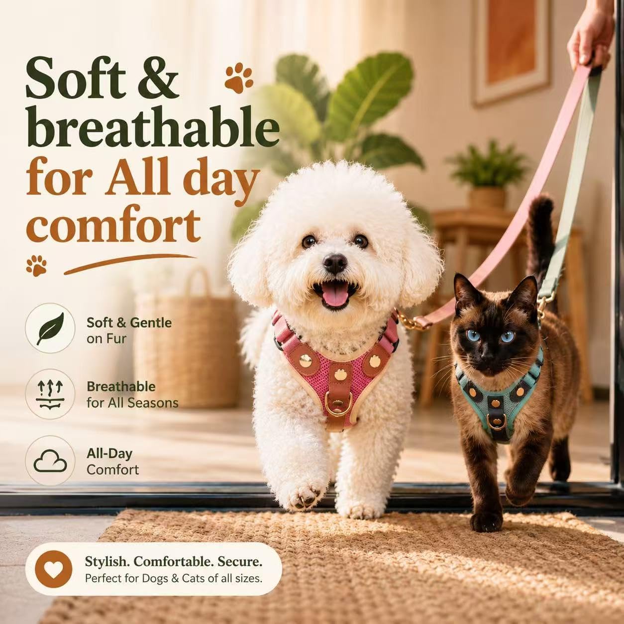 Dog & Cat Harness with Leash by PawWave – Soft Adjustable No Pull Vest for Small Dogs & Cats, Breathable Reflective Pet Harness (Grey and Neutral M)