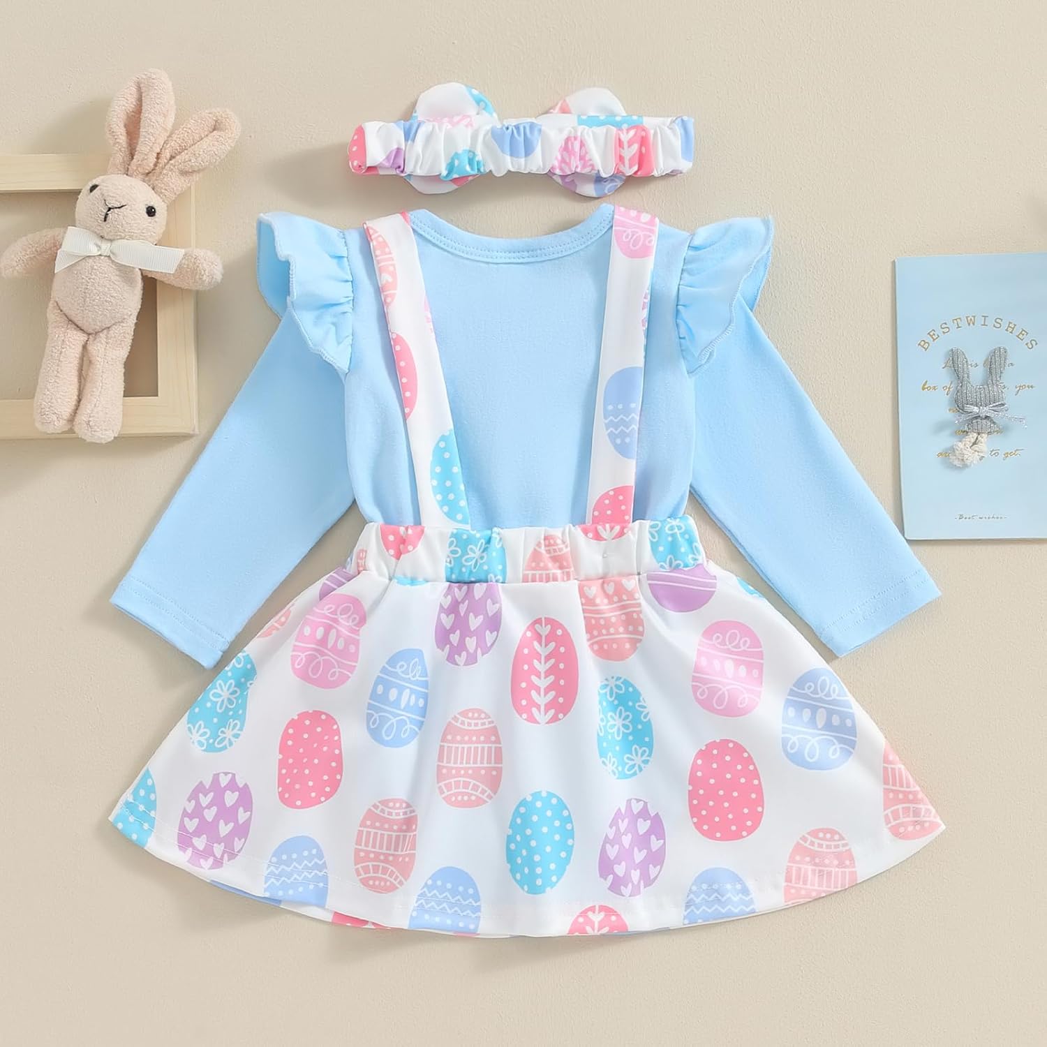 Gueuusu Baby Girl Easter Clothes Ruffle Long Sleeve Romper Bunny/Easter Eggs Print Overall Skirt Dress Cute Newborn Outfit - Image 4