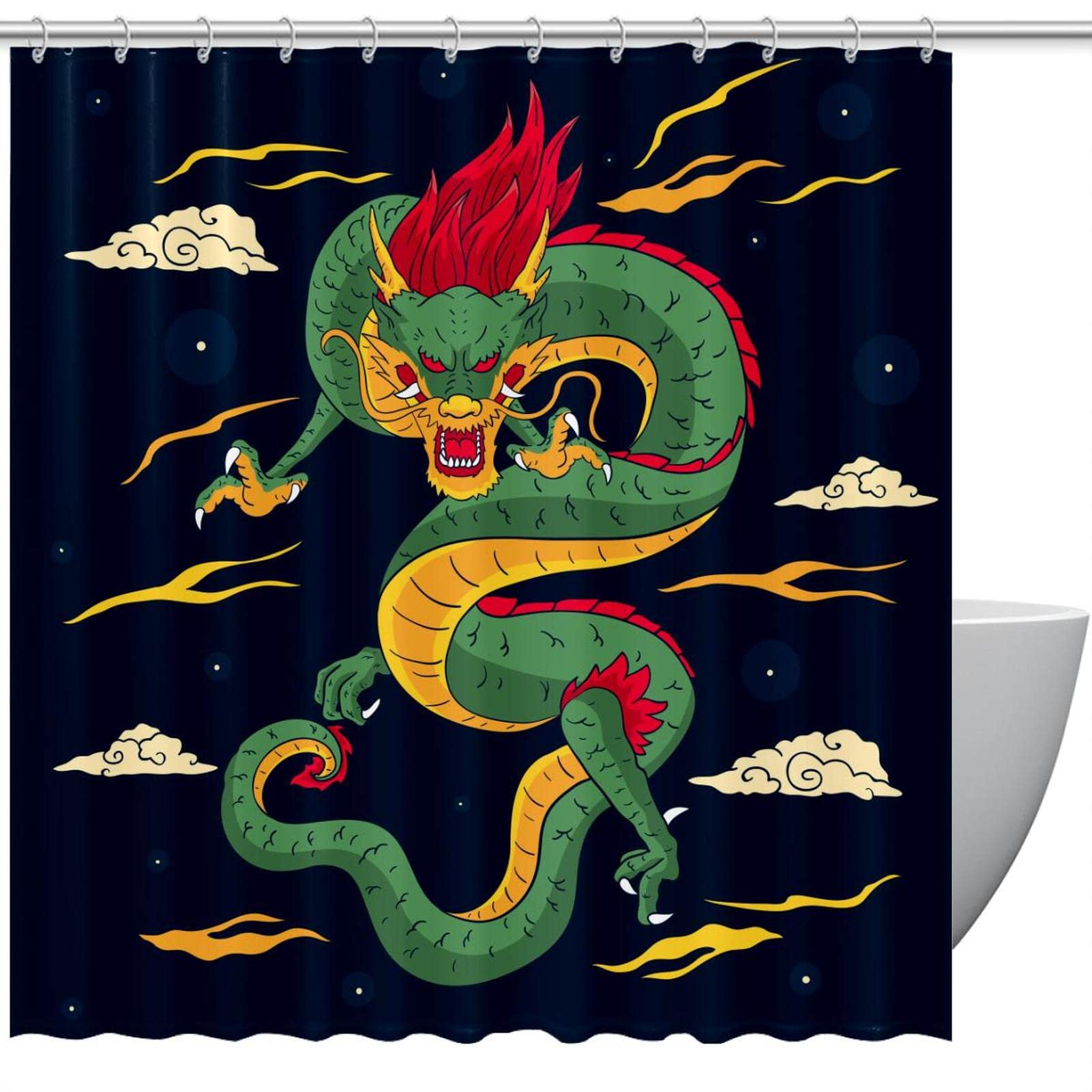 Rideau de douche anti-odeur dragon chinois bleu marine avec 12 crochets pour baignoire étanche
