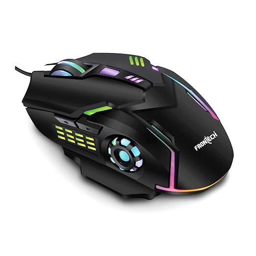 FRONTECH Wired Gaming Mouse, 6 Key RGB Backlit Effect| 7 LED Lighting| USB Plug & Play| 3600 DPI| for PC/Desktop/Mac/Laptop, 1-Year Warranty (MS-0050, Black)