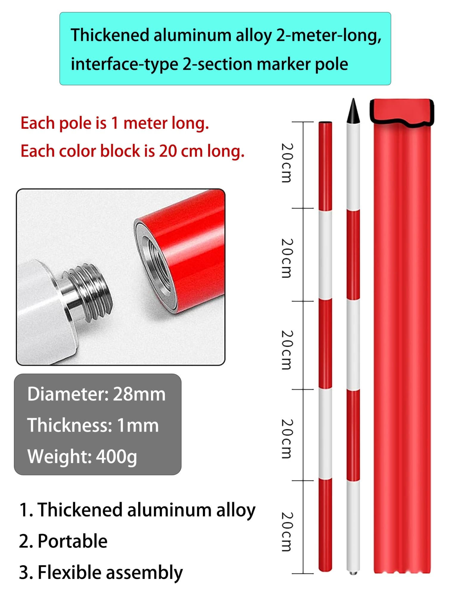 Asta graduata in alluminio 2-5m bianca rossa misuratore profondità rilievi topografici 200cm 6.6ft