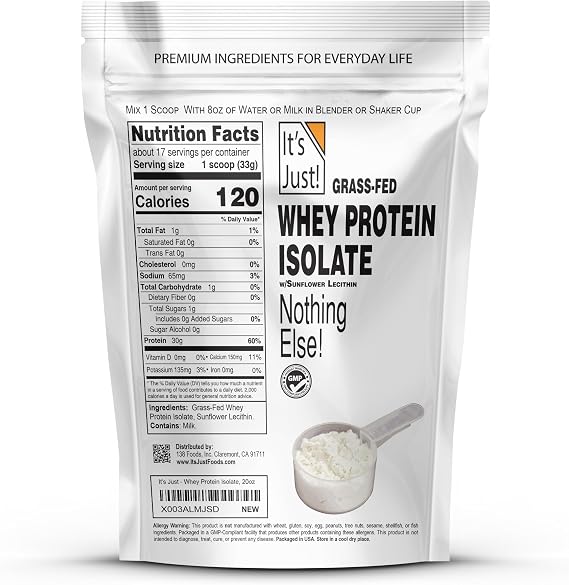 It's Just! - Whey Protein Isolate, Ultra Premium Grass-Fed, Unflavored, Made in USA, Pure 90% Protein, Only 1g Carb, No Added Sugar (1.25 Pound)