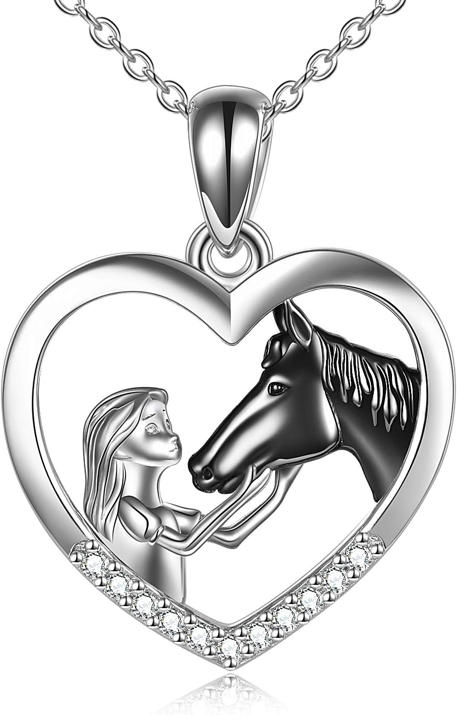 YFNHorse Pendant Necklace Sterling Silver Girls with Horse Gift For Women Girls (Horse with Girl Necklace) (Rose Girls with Horse Necklace) black