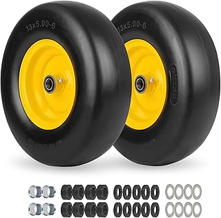 GICOOL 13x5.00-6 Flat Free Lawn Mower Tire and Wheel, Smooth Tread Tire for Lawnmower, Bearing Bore Hole 3/4" & 5/8, 3.25"-5.9" Centered Hub, 2 PCS