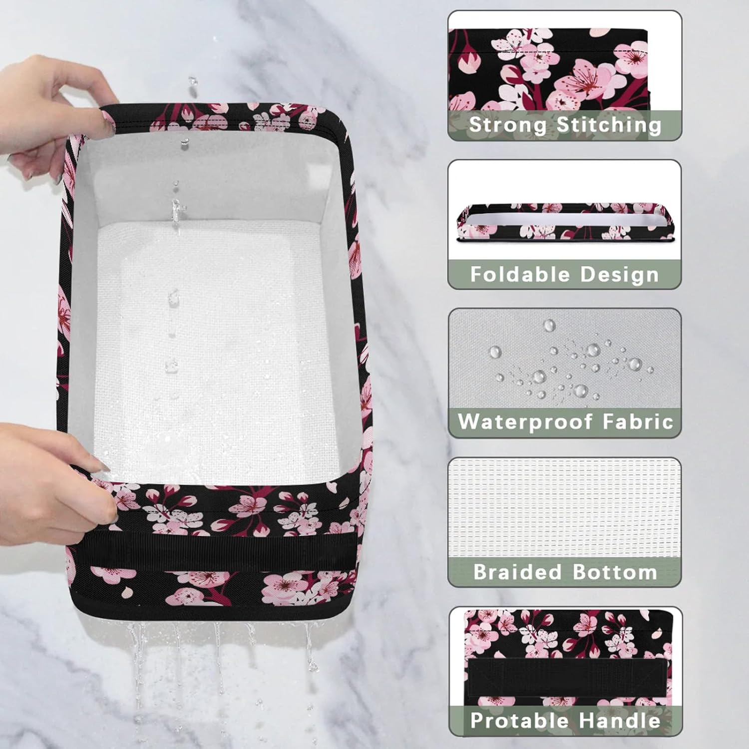 Collapsible Toilet Basket for Bathroom – Foldable Storage Organizer with Handles, 14.3x7.1x4.4in Portable Hamper for Laundry, Closet & RV (Printing & Washable)