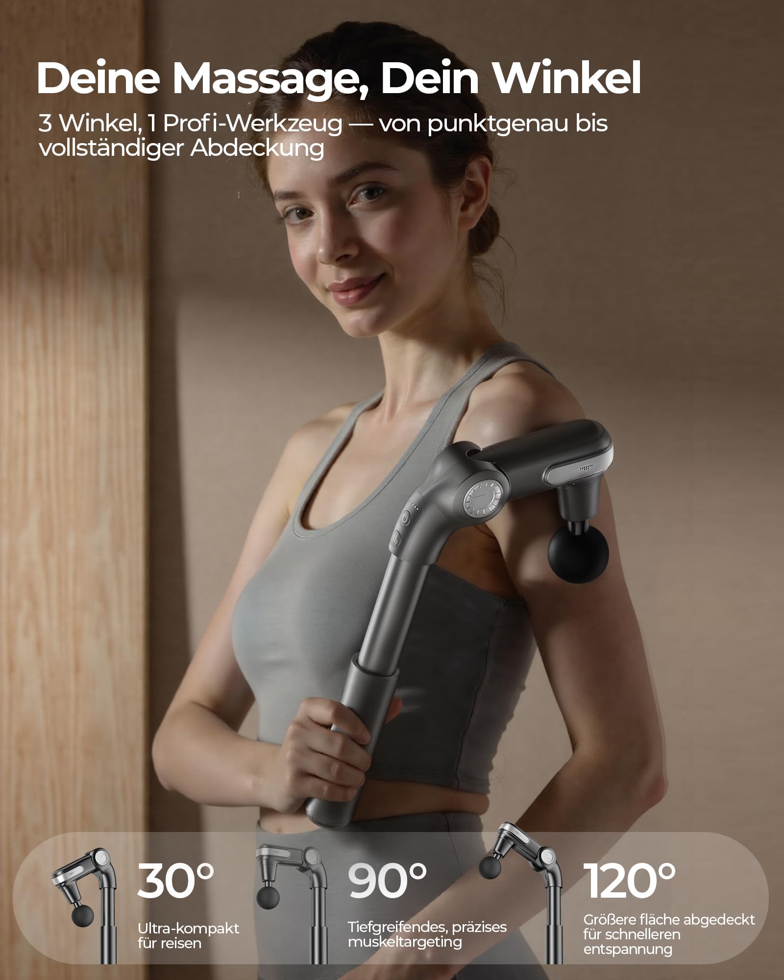 KingPavonini Massagepistole mit Ausziehbarem Griff & Klappbarem Kopf, Massage Gun Massagegerät Rücken mit 3 Verstellbaren Winkeln & 4 Massageköpfen, Massage Pistole Geschenk für Männer und Frauen