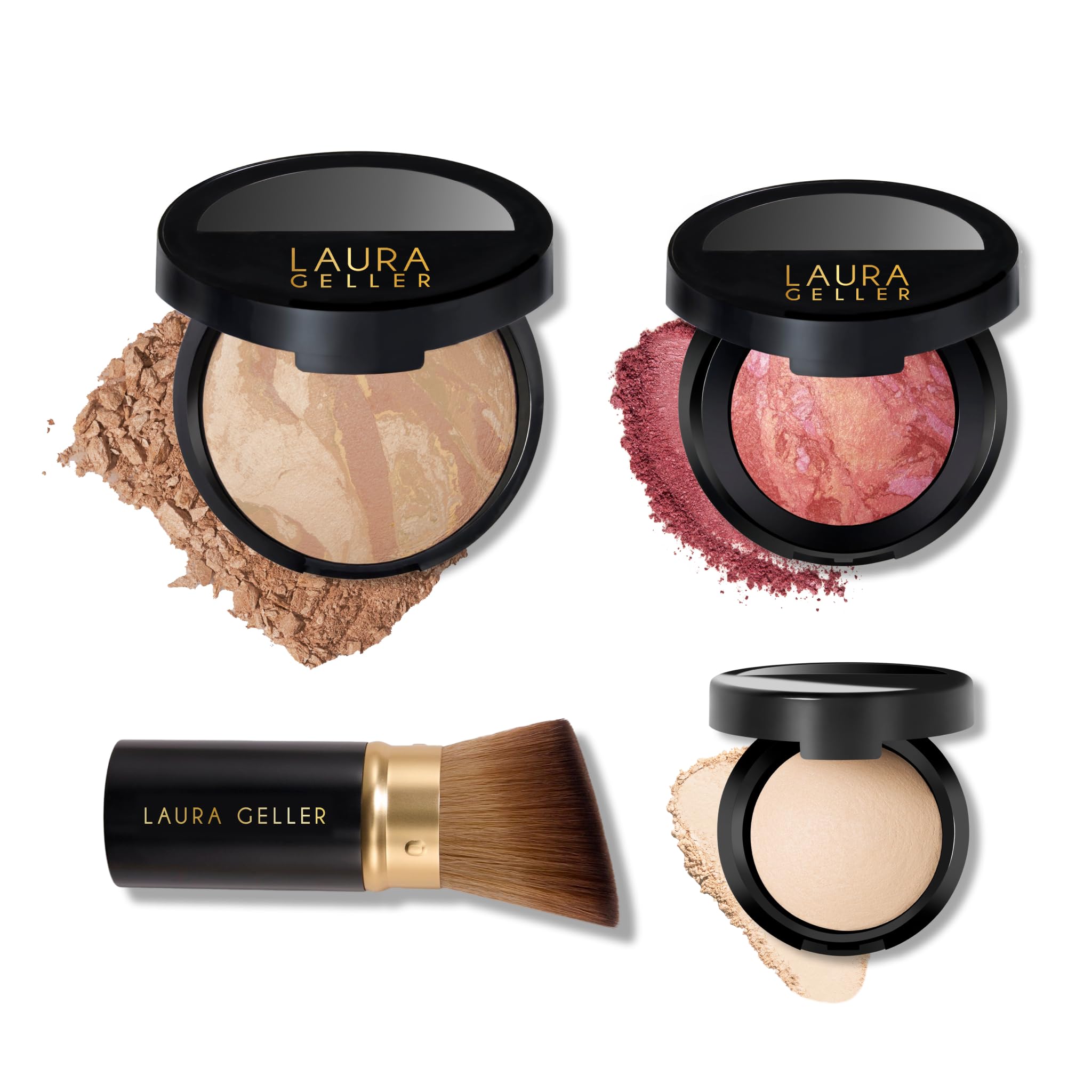 LAURA GELLER Daily Routine Kit: Balance n Brighten Foundation, Light + Retractable Angled Kabuki Brush + Blush n Brighten, Tropic Hues + Baked Highlighter, French Vanilla 03 Light, Tropic Hues, French Vanilla